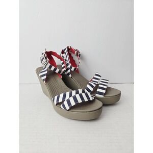 Crocs wedge sandals Leigh blue white stripe sz 8